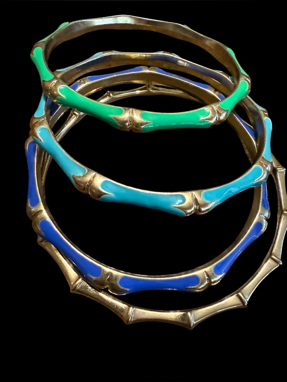 Set of 4 Bamboo Style Bangle Bracelets Green Blue Turquoise Enamel Gold Tone